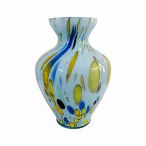 Murano Style Hand Blown Large Cased Glass Vase Italy Turquoise Spotted Copper